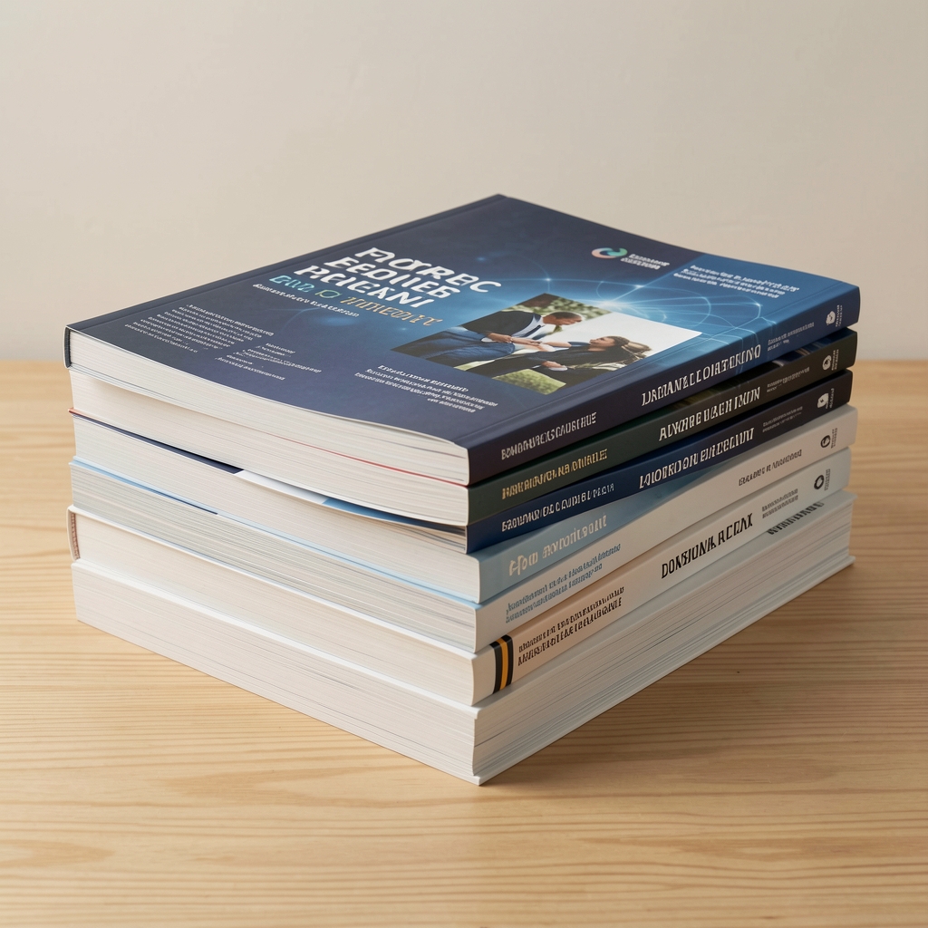 Stack of academic journals and research publications on a clean wooden surface, soft studio lighting