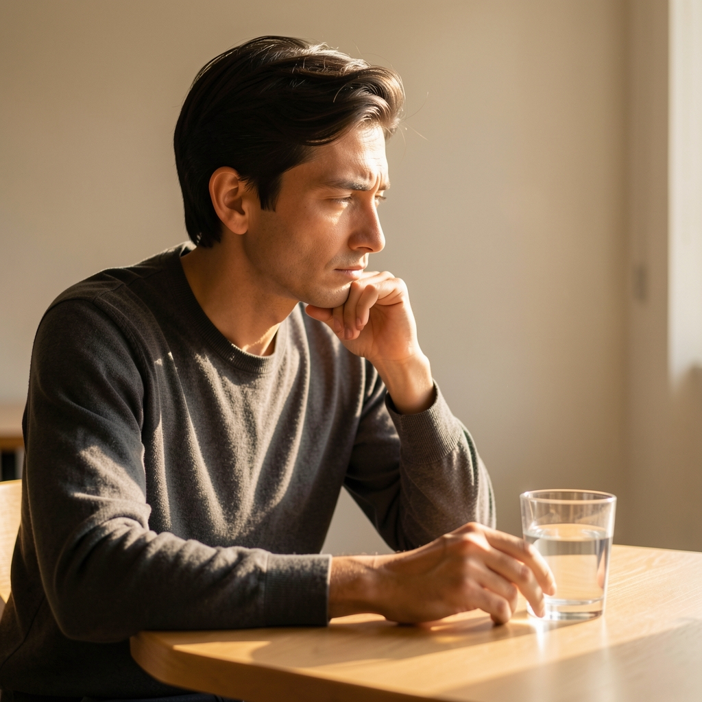 Person seated at a table in quiet contemplation with a glass of water, minimal scene with controlled warm lighting